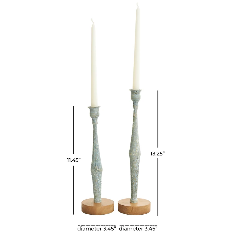 Light Blue Metal Textured Tapered Candle Holder Set