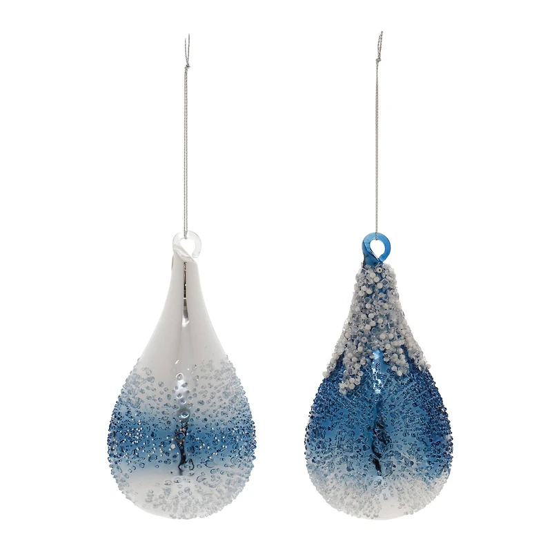 6" Navy Beaded Glass Teardrop Ornaments Set