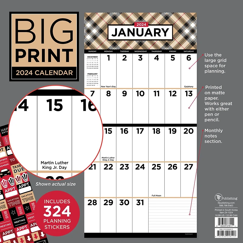 TF Publishing 2024 Big Print Wall Calendar