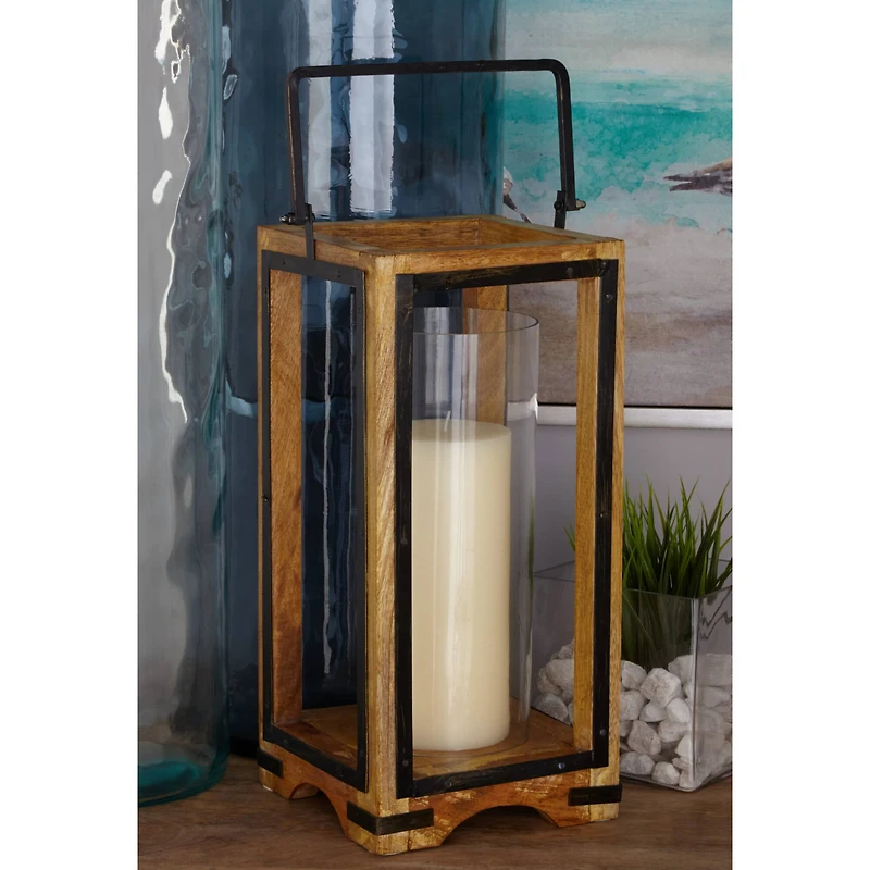Natural Brown Mango Wood Traditional Candle Holder Lantern, 22" x 8" x 8"
