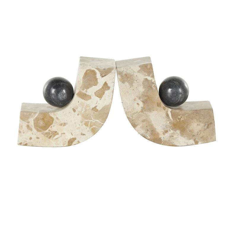 5" Brown Marble Arched Curved Bookends with Black Orbs, 2ct