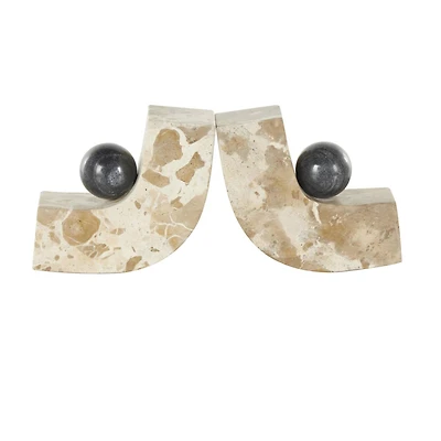 5" Brown Marble Arched Curved Bookends with Black Orbs, 2ct