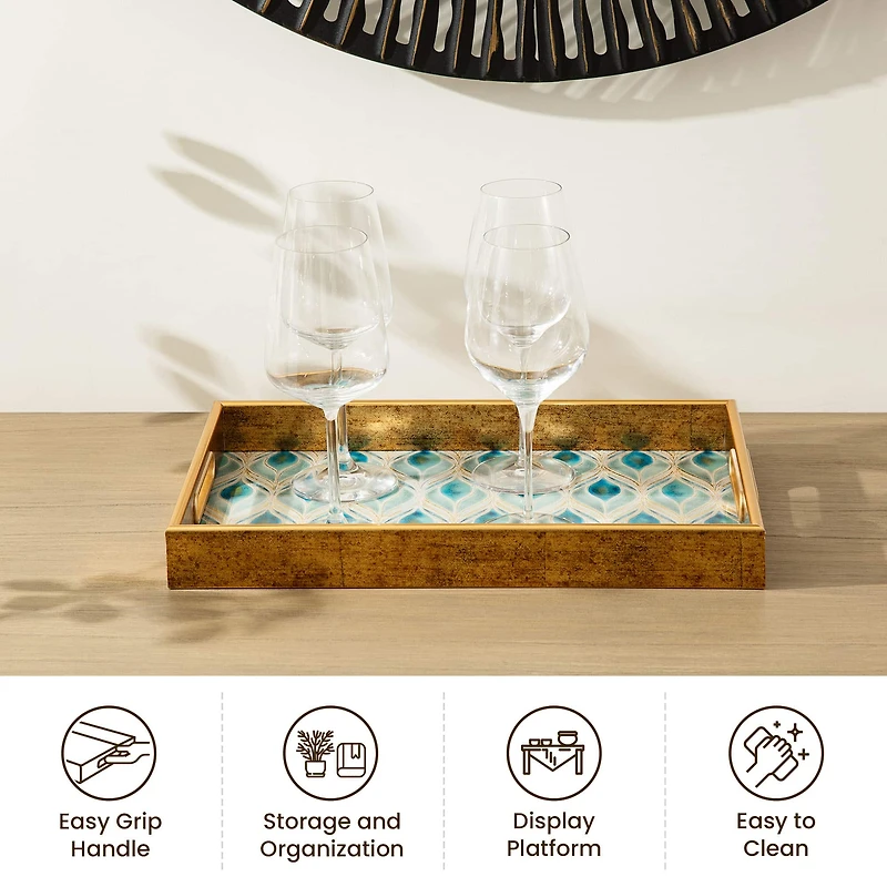Glitzhome® Rectangle Peacock Feathers Patterned Decorative Trays Set