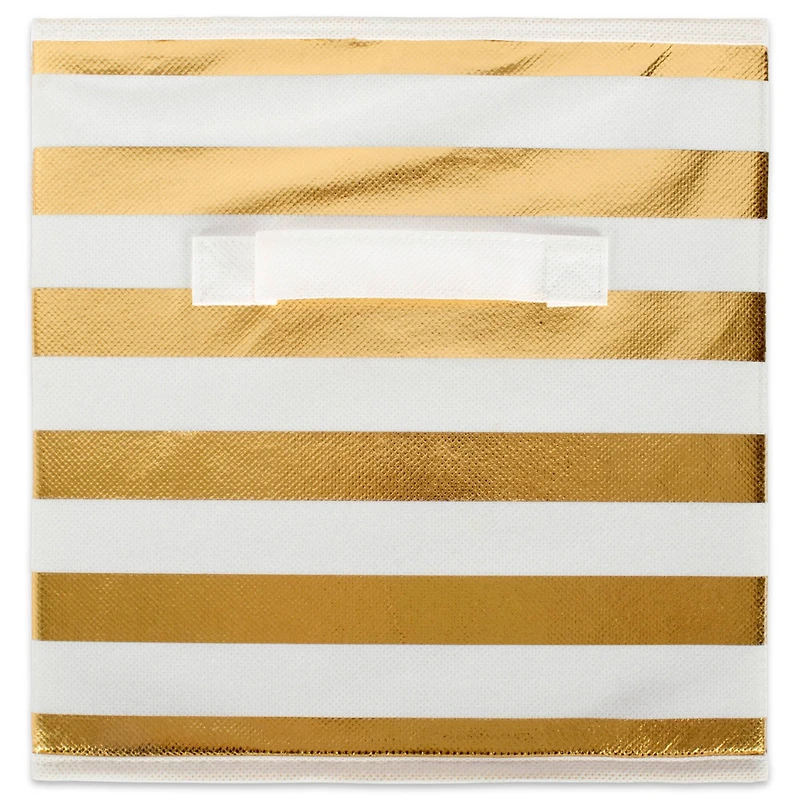 DII® 11" Nonwoven Polyester White & Gold Stripes Storage Cube