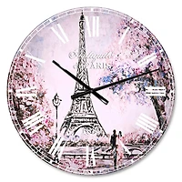 Designart 'Eiffel With Pink Flowers French Country Wall Clock