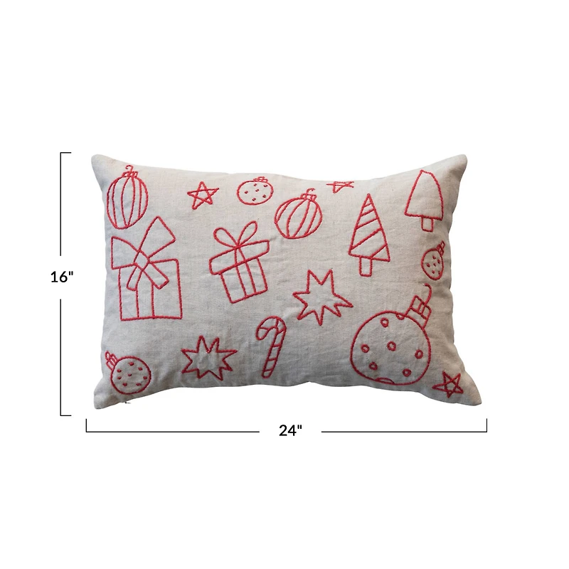 Hello Honey® 24" x 16" Embroidered Red & Natural Holiday Icons Lumbar Throw Pillow