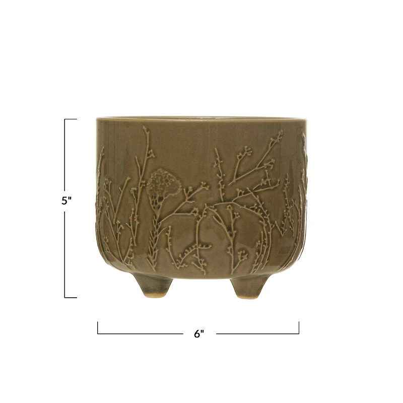 Hello Honey® 6" Green Footed Stoneware Planter with Botanical Design