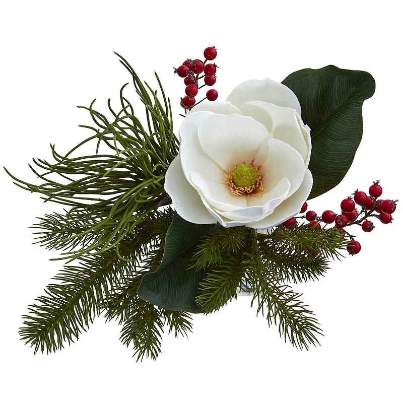 13" Magnolia, Berries & Pine Arrangement in Vase
