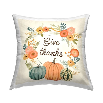 Stupell Industries Give Thanks Orange Pumpkin Flower Wreath Throw Pillow