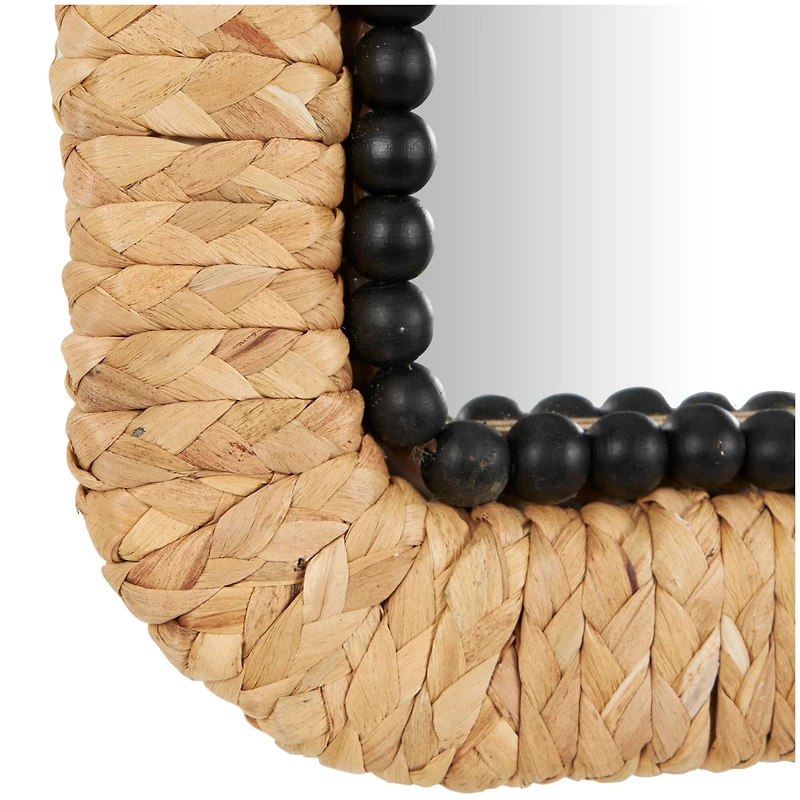 35" Brown & Black Woven Floral Rattan Wall Mirror with Beaded Detailing