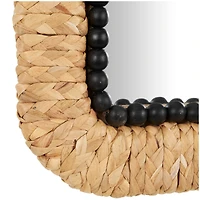 35" Brown & Black Woven Floral Rattan Wall Mirror with Beaded Detailing