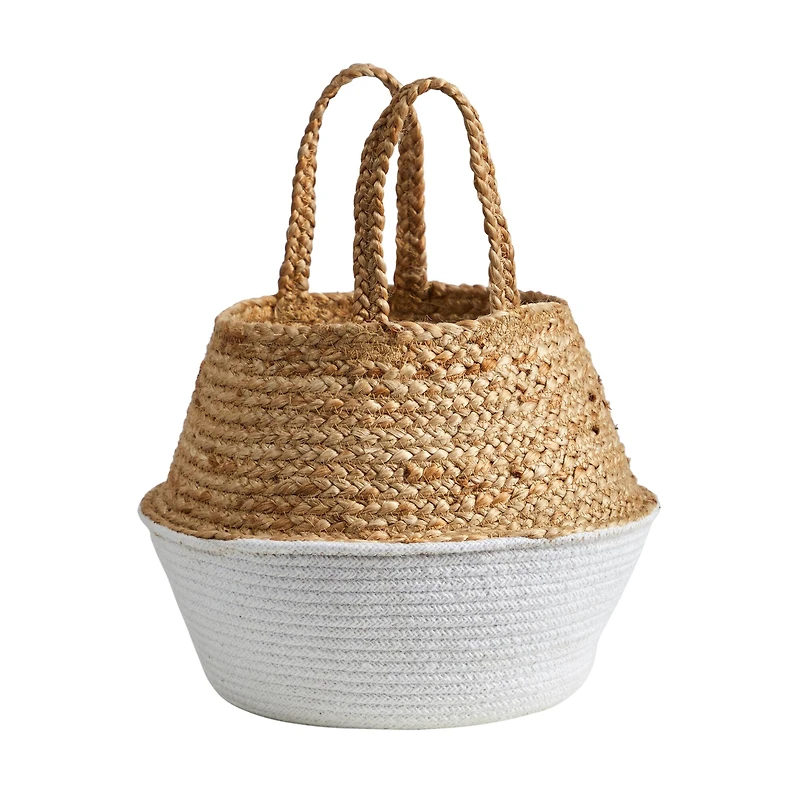 12" Boho Chic Handmade Cotton & Jute White Woven Basket Planter
