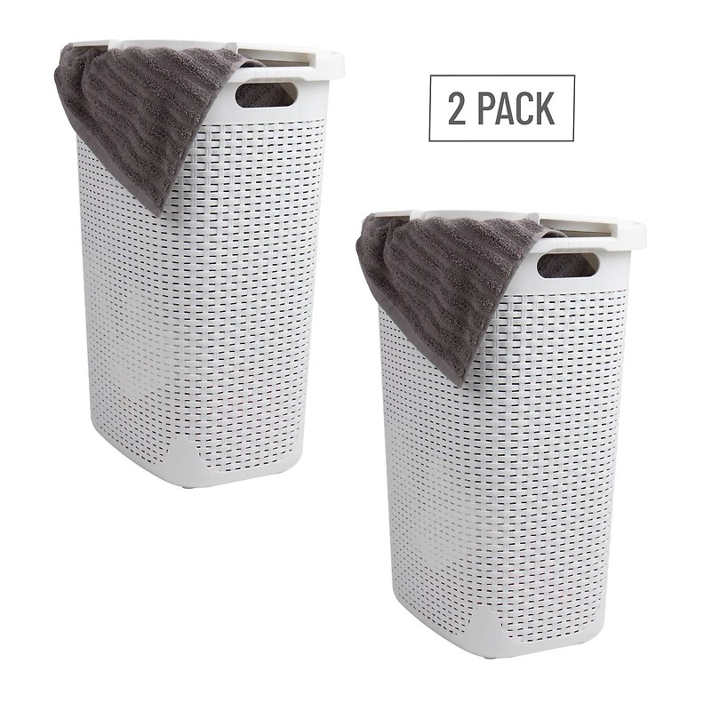 Mind Reader 60L Ventilated Slim Laundry Hamper with Cut Out Handles & Attached Hinged Lid, 2ct.