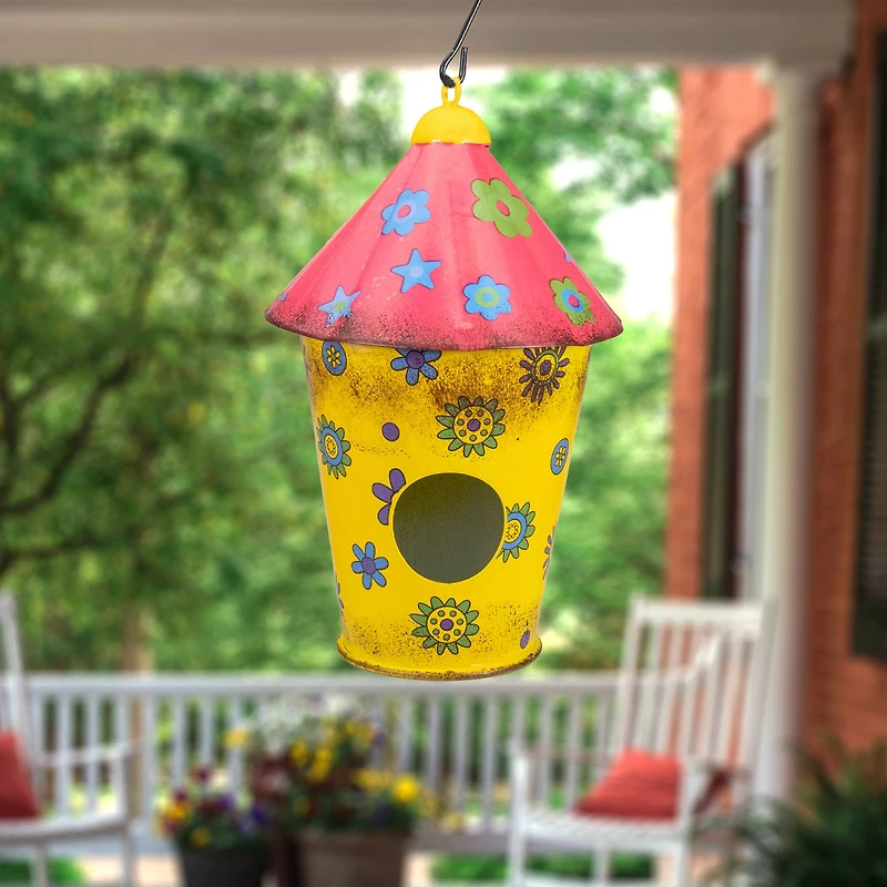 7.75" Red & Yellow Metal Birdhouse With Flowers