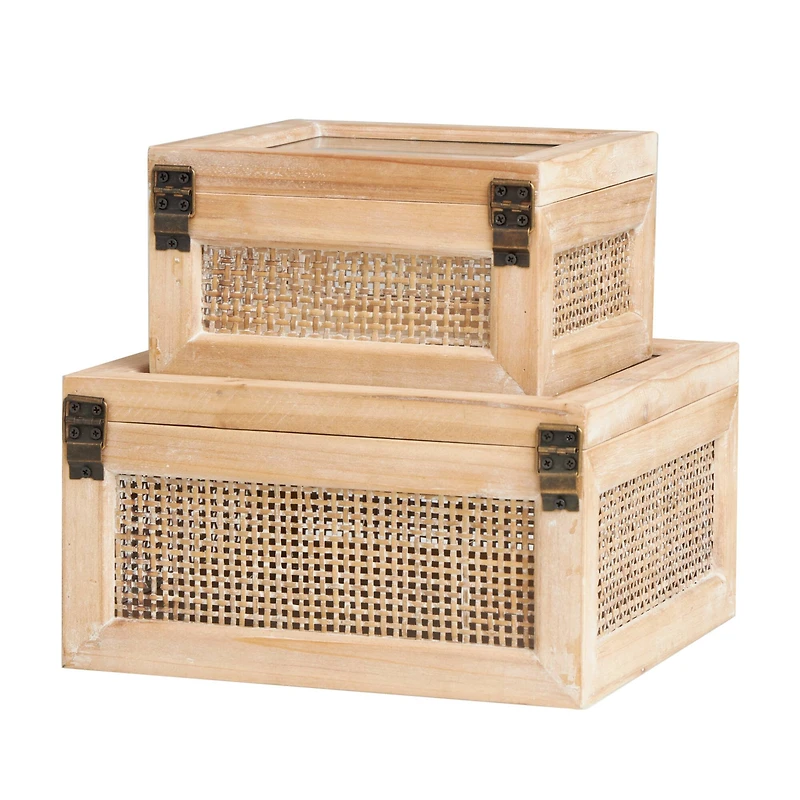 The Novogratz Light Brown Box with Glass Top & Rattan Side Panels Set