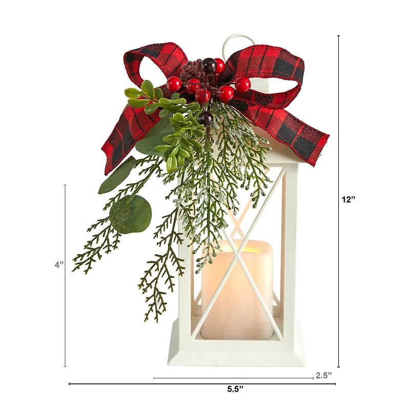 12" White Lantern with Berries, Pine & Plaid Bow Artificial Christmas Table Arrangement with LED Candle