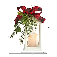 12" White Lantern with Berries, Pine & Plaid Bow Artificial Christmas Table Arrangement with LED Candle