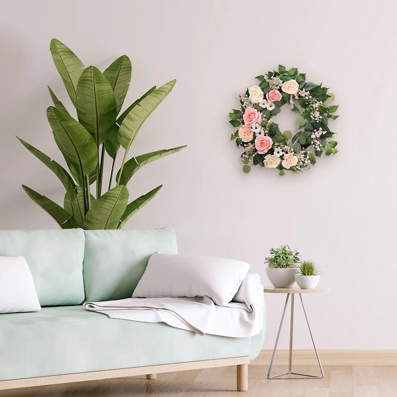 24" Pink Spring Camellia, Baby's Breath & Rose Wreath