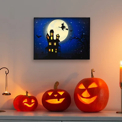 LED Lighted Witch in the Moon Halloween Canvas Wall Art