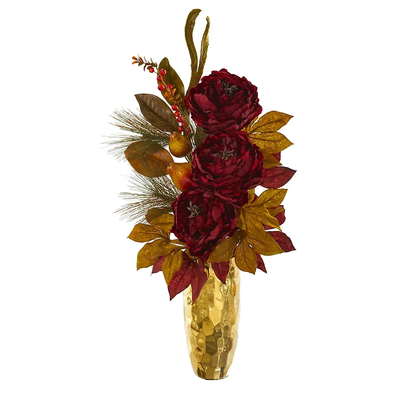 2.5ft. Red Peony, Pear & Magnolia Leaf Arrangement in Gold Vase