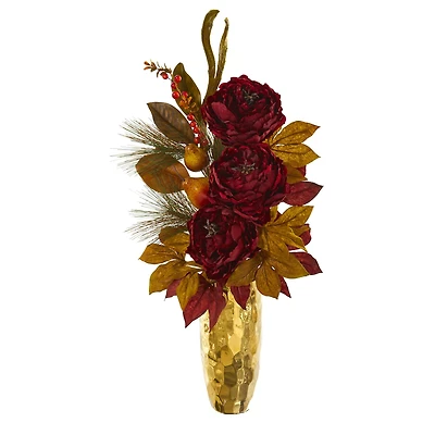 2.5ft. Red Peony, Pear & Magnolia Leaf Arrangement in Gold Vase