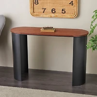 47.25" Black Wood Curved Crescent Living Room Console Table with Brown Wood Oval Tabletop