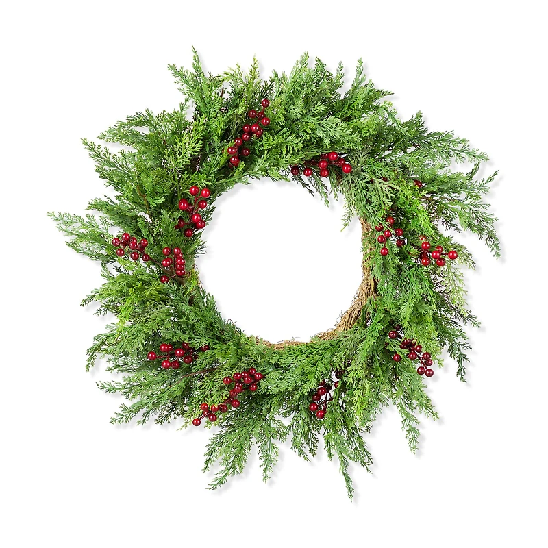 Glitzhome® 24"D Christmas Greenery PE Cedar Wreath with Red Berries