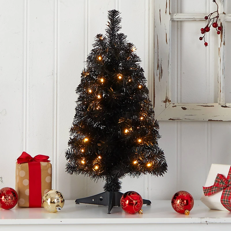 2ft. Pre-Lit Black Artificial Christmas Tree, Warm White LED Lights