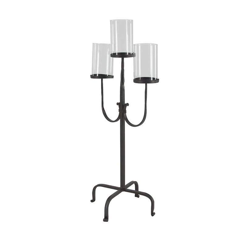 Traditional Black Metal and Glass 3-Light Candelabra, 28" x 15" x 12"