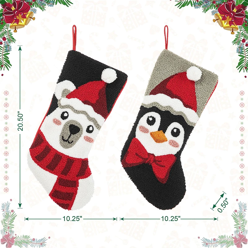 Glitzhome® 20.5" Polar Bear & Penguin Hooked Stocking Set