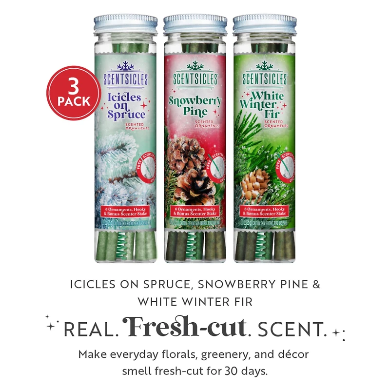 Scentsicles Scented Ornament Stick White Winter Fir, Snowberry Pine and Icicles on Spruce Sticks, 3 Pack of 6