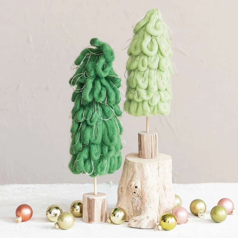 Hello Honey® 14" Green Wool Tree with Gold Cord & Wood Base