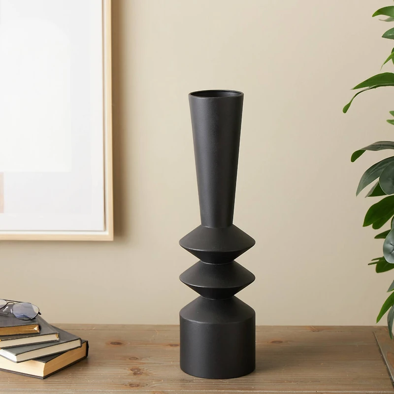 22" Black Metal Art Deco Style Fluted Vase