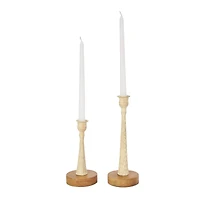 Cream Metal Textured Tapered Taper Candle Holder with Brown Wood Bases Set