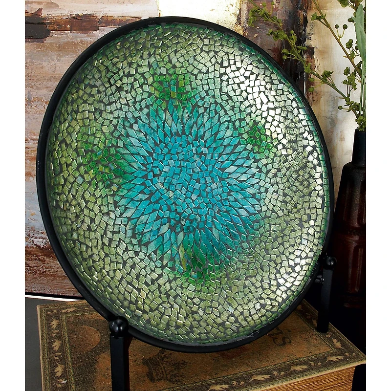 14" Green & Blue Glass Glam Decorative Plate with Stand
