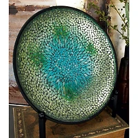 14" Green & Blue Glass Glam Decorative Plate with Stand