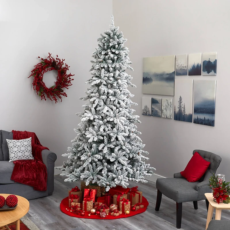 9ft. Pre-lit Flocked Livingston Fir Pinecones Artificial Christmas Tree with Clear Warm LED Lights