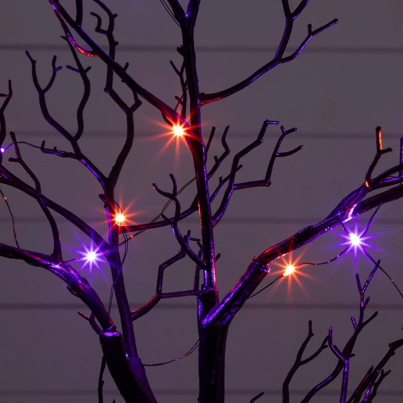 2ft. Pre-Lit Artificial Halloween Black Spooky Twig Tree with Bats and 40 Orange & Purple LED Lights