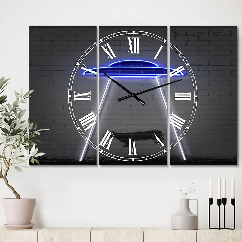 Designart Neon UFO Abducting Cow Modern 3 Panel Large Wall Clock