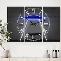 Designart Neon UFO Abducting Cow Modern 3 Panel Large Wall Clock
