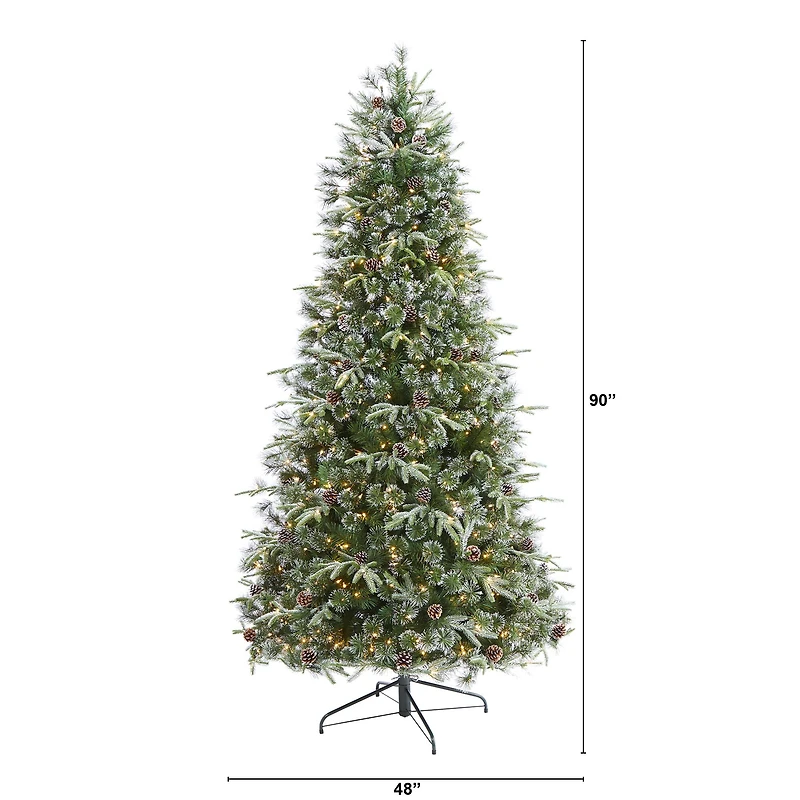 7.5ft. Pre-Lit Snowed Tipped Clermont Mixed Pine & Pinecones Artificial Christmas Tree with Clear LED Lights