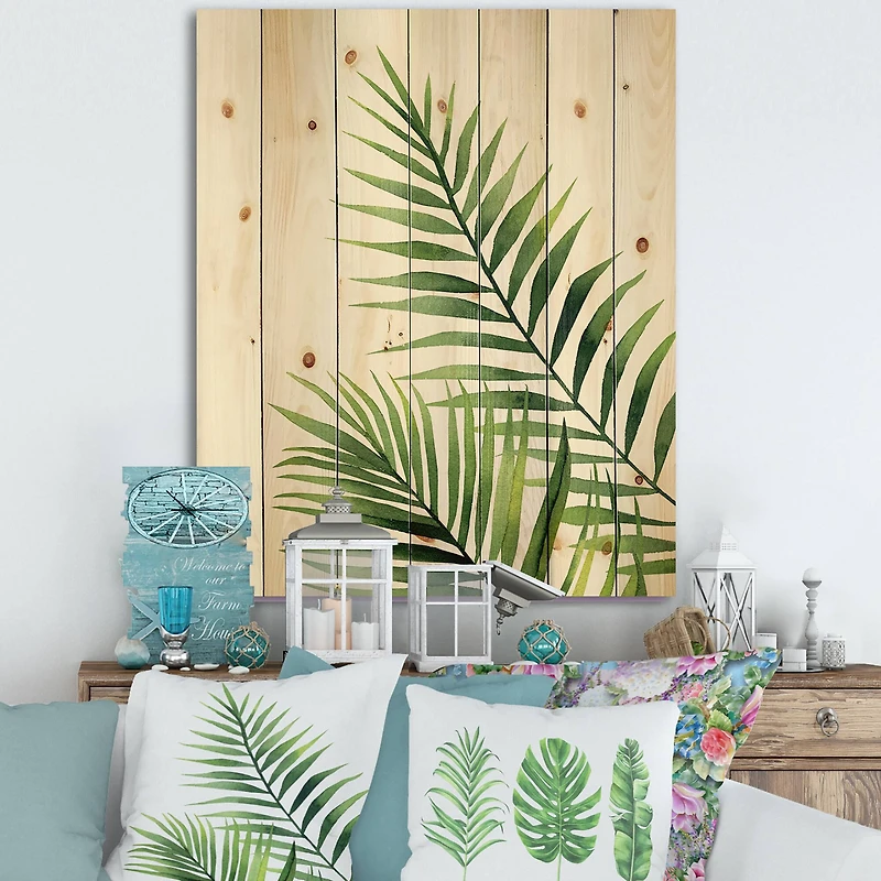 Designart - Fern Leaves Detail III - Farmhouse Print on Natural Pine Wood