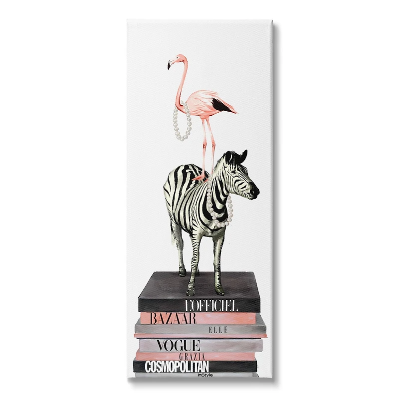 Stupell Industries Fashion Flamingo Zebra Glam Book Stack Pearls Canvas Wall Art