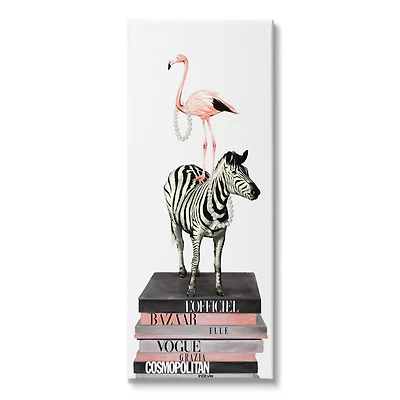 Stupell Industries Fashion Flamingo Zebra Glam Book Stack Pearls Canvas Wall Art