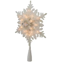 10" Lighted White Frosted Stacked Snowflake Christmas Tree Topper, Clear Lights