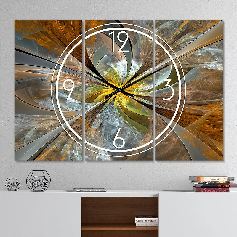 Designart Symmetrical Yellow Fractal Flower Multipanel Wall Clock