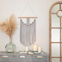 Gray Cotton Intricately Weaved Macrame Wall Decor with Beaded Fringe Tassels 20" x 1" x 44"