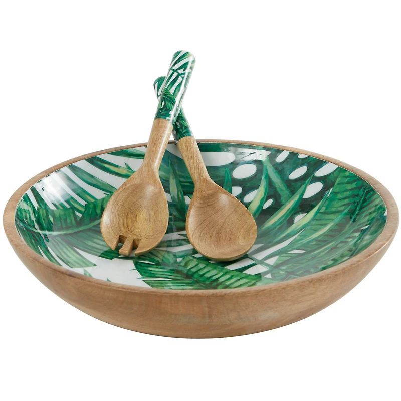 Mango Wood Decorative Bowl with Serving Utensils Set