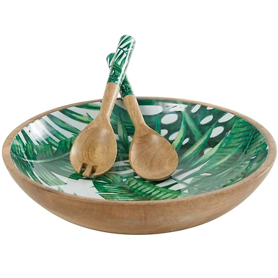 Mango Wood Decorative Bowl with Serving Utensils Set