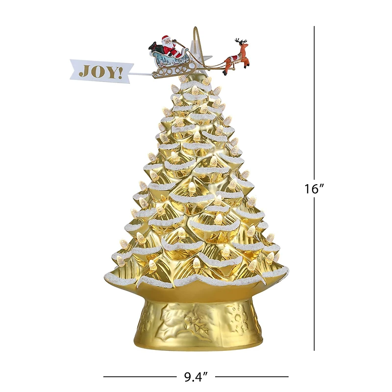 90th Anniversary Collection Gold 16" Ceramic LED Tree with Animated Santa's Sleigh